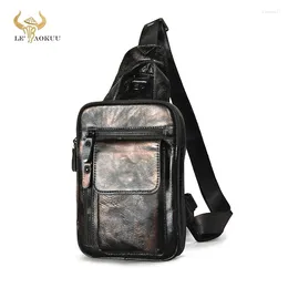 Waist Bags Coffee Men Soft Real Leather Vintage Sling Chest Bag Design Travel Triangle Cross Body Daypack 8" Tablet Tea Male B574-d