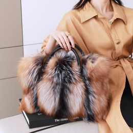 Bags 2023 New Women Silver Fox Fur Handbags Genuine Cowhide Hard Handle Big Handbag Fullpelt Red Fox Fur Large Shoulder Bag