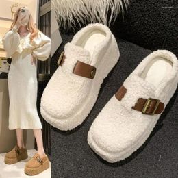 Slippers Super High Heel Platform For Women Slanted Closed Toe Lamb Wool Woollen Outer Wear Small Spring Autumn 2024