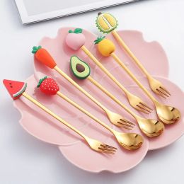 Sets Fruits Spoons Forks 304 Stainless Steel Tableware Cake Coffee Dessert Soup Stirring Spoon Fork Watermelon Portable Travel Use