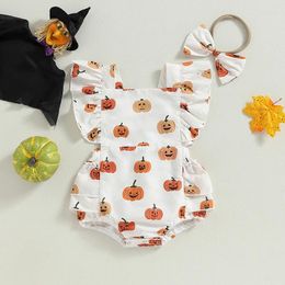 Rompers 2024-07-08 Lioraitiin 0-24M Baby Girls 2Pcs Halloween Outfits Flutter Sleeve Elastic Waist Pumpkin Print Romper With Headband