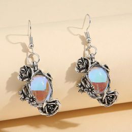 Dangle Earrings Retro Moonstone Leaf Flower Ethnic For Women Drop Antique Silver Color Carved Artful Vintage Tribal