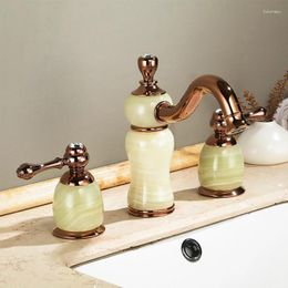 Bathroom Sink Faucets Luxury Rose Gold Brass Natural Jade High Faucet Art Basin Mixer Taps Three Holes Lavatory Faucet--SM539