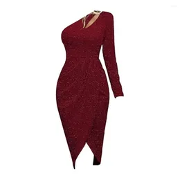 Casual Dresses Slant-neck Dress Elegant One-shoulder Sequins Party Women's Banquet Sparkling Bodycon With Diagonal For Special