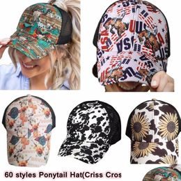 Party Hats Woman Washed Died Messy Buns Ponycaps Leopard Sunflower Criss Cross Trucker Mesh Hat Drop Delivery Home Garden Festive Sup Dhtkb