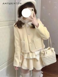 Work Dresses Sweet Cute Graceful Outfits Womens Winter Japanese Kawaii Doll Collar Short Coat Bow Mini Skirt Y2K Two Piece Set Female