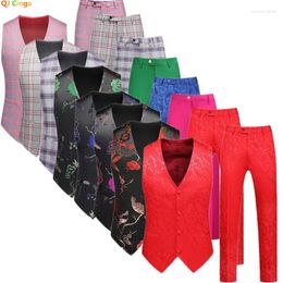 Men's Suits Jacquard Embroidery Fabric Vest And Trousers Men Two Pieces Red Green Black White Blue Waistcoat With Pants Wedding Party Set