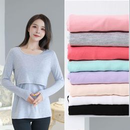 Maternity Tops Tees Autumn Long Sleeve O-Neck Solid Colour Postpartum Women Cotton Nursing T-Shirt Breastfeeding Top And 7 Colours D Dhrkl