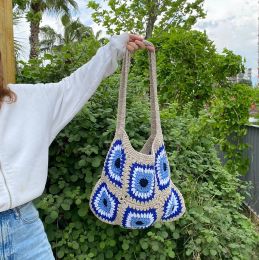 Bags Evil Eye Tote Bag Granny Square Blue Pattern Hollow Out Handbags Knitted Patchwork Bohemian Cute Purse for Women Handmade Gift