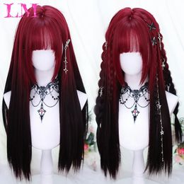 LM Black Wine Red Long Wavy Synthetic Wig High Temperature Natural with Bangs Colourful Party Cosplay Hair for Women 240408