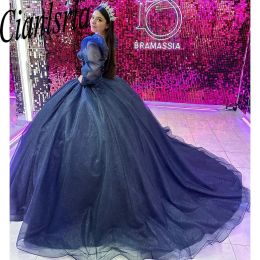 Navy Blue Long Sleeve Glitter Crystal Quinceanera Dresses Ball Gown Sweetheart Beading Appliques Princess for Sweet 15 Birthday