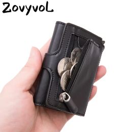 Holders Men Leather Wallet RFID Button Credit Cards Holder Metal Aluminium Auto Popup RFID Blocking ID Card Case Black Wallet Coin Purse