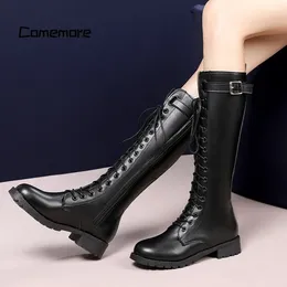 Boots Comemore Women 2024 Lace Up Knight Boot Belt Buckle Female Booties Long Autumn Footwear Ladies Thigh High Big Size 43