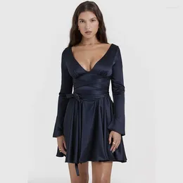 Casual Dresses Clinkly Women's Solid Mini Dress Sexy Long Sleeve V-neck Lace-up Slim A-line Midnight Party Vestidos Streetwear 2024
