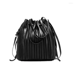 Shoulder Bags Women's String Bucket Bag PU Leather Pleated Crossbody Purse Fashion Handbag Tote