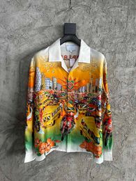 2024 Summer Men's Shirt Street Motorcycle Pattern Printed Silk Long sleeved Shirt Flip Collar Casual Vacation Top