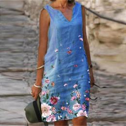 Casual Dresses Women Plus Size V-Neck Floral Print Sleeveless Vest Dress