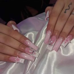 False Nails 24Pcs Pink Ballet False Nails Long Decoration Cute with Rhinestones French Design Wearable Fake Nails Press on Nails Tips Art Y240419