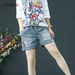 Denim Shorts Casual Folk-custom Embroidery Hole Thin Loose Elastic Waist Comfort Jeans Woman USWMIE 240418