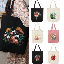 Bags 1set Diy Canvas Tote Bag Embroidery Kit with Flower Pattern Instructions Diy Arts Crafts Supplies Beginners Needlepoint Kits