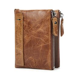 Wallets Crazy Horse Men Wallets Short Credit Business Card Holders Double Zipper Cowhide Leather Wallet Purse Carteira