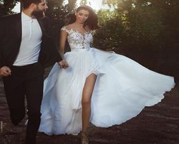 ALine Cheap Chiffon Wedding Dresses See Through Jewel Neck Lace Appliques Sleeveless Bridal Dress 2018 Fashion Side Split Wedding1212379