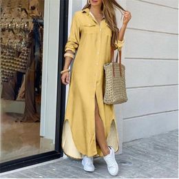Casual Dresses For Women 2024 Trendy Lapel Neck Long Sleeve Candy Color Shirt Maxi Dress Loose Summer Skirt Ladies