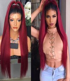 Black Ombre Wine Red Straight Synthetic Lace Front Wig Glueless Heat Resistant Fiber Hair Natural Hairline For Women5123465