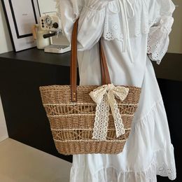Shoulder Bags Woven Summer Handbag Hollow Out Casual Tote Bag With Cute Lace Bow Holiday Travel Large Top Handle For Women