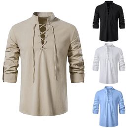 Mens Cotton Linen Shirts Long Sleeved Shirt V Neck Casual Blouse Spring Summer Thin Front Lace Up Tops Breathable Men Clothing 240418