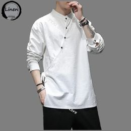 Mens Chinese Style Hemp Shirt Cotton Linen Tang Suit Hanfu Retro Stand-Up Collar Zen Clothes Harajuku tops Clothes Men Clothing 240418