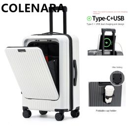 Luggage COLENARA New Suitcase Front Opening Laptop Trolley Case 20"24"26" PC Boarding USB Charging Travel Bag Universal Carryon Luggage