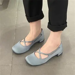 Dress Shoes Crossover Belts For Women Square Toes Mary Janes Low Heels Ladies Ballet Elegant Chaussure Femmes Blue Zapatos De Mujer