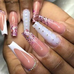 False Nails 24Pcs White Long Ballet False Nails with Rhinestone French Flower Fake Nails Wearable Press on Nails Full Cover Nail Tips Art Y240419 Y240419