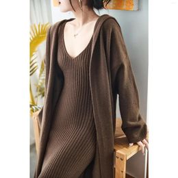 Women's Knits Sweaters Women Set Autumn And Winter Clothes Solid Long Casual Fashion Loose Hooded Knit Cardigan Slip Dress Two-piece