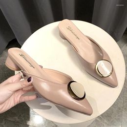 Slippers Sexy Ladies Shoes Woman Mules Metal Buckle Women Cover Pointed Toe Mid Heels Solid Leather Casual Slides