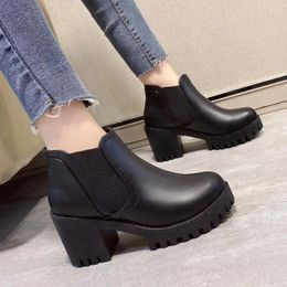 Casual Shoes Autumn Winter British Riding Boots Thick Heel Women's Ankle Round Head Waterproof Platform Elastic Mouth Short 35-41