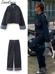 Fashion Patchwork Women Denim Suit Lapel Long Sleeve Coat Straight Wide Leg Jeans Suits Female Autumn Streetwear Jacket Pant Set 240411