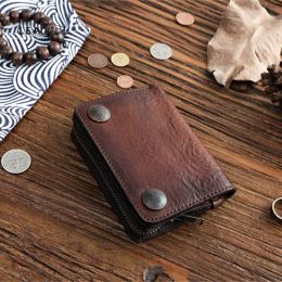 Wallets LEACOOL Vintage Handmade Genuine Leather Wallet For Men Short Bifold Zipper Wallets Card Purse With Coin Pocket