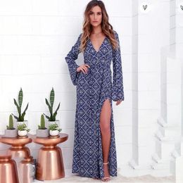 Casual Dresses AYUALIN Boho Blue Floral Print Maxi Women Vintage Flare Long Sleeve Side Split Sexy Deep V Neck Autumn Dress Rayon Robe