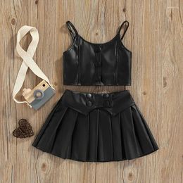 Clothing Sets 1-6years Kids Girls Spring Fall Suit Solid Black Pu Sleeveless Sling Tops Button Pleated Short Skirt Suits