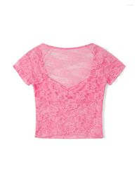 Women's Tanks Women Y2k Lace Crop Tops Sheer Sexy Slim Fit T Shirts Fairy Short Sleeve Mesh See Through Going Out Tees