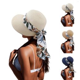 Wide Brim Hats Beach Sun Women Leaf Print Strappy Streamer Panama Summer Outdoor Visor Large Foldable UV Protection Bucket