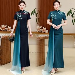 Ethnic Clothing 2024 Chinese Vintage Dress Qipao Improved Cheongsam National Flower Embroidery Stage Oriental Banquet Evening