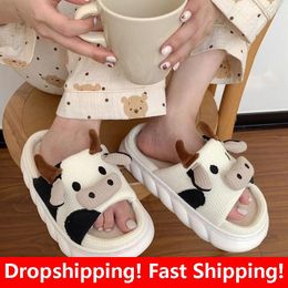 Slippers Cute Cartoon Milk Cow Linen For Women Thick Bottom Home Shoes Cotton Couple Indoor Funny Male Slides