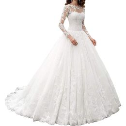Eleganckie długie sheer szyi koronkowe białe sukienki ślubne z rękawami a-line tiulle vestido de noiva zamiata