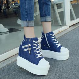 Casual Shoes Wedges Canvas Woman Platform High Top Hidden Heel Height Increasing Female White Black Blue