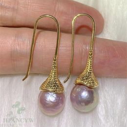Dangle Earrings 10-12mm Purple Baroque Pearl Earring Gold Ear Drop Hook Wedding Women Jewellery