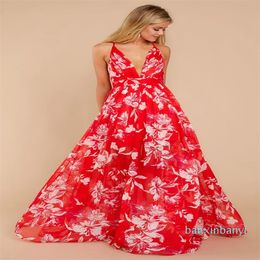 Designer dresses for women sexy strapless sexy v neck backless chiffon maxi dress designer for women Sleeveless with flora printed and comfort sexy dress