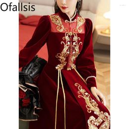 Party Dresses Ofallsis Chinese Style Toasting Attire Bride 2024 Autumn Winter Long Sleeved Wine Red Engagement Evening Gown Embroidery